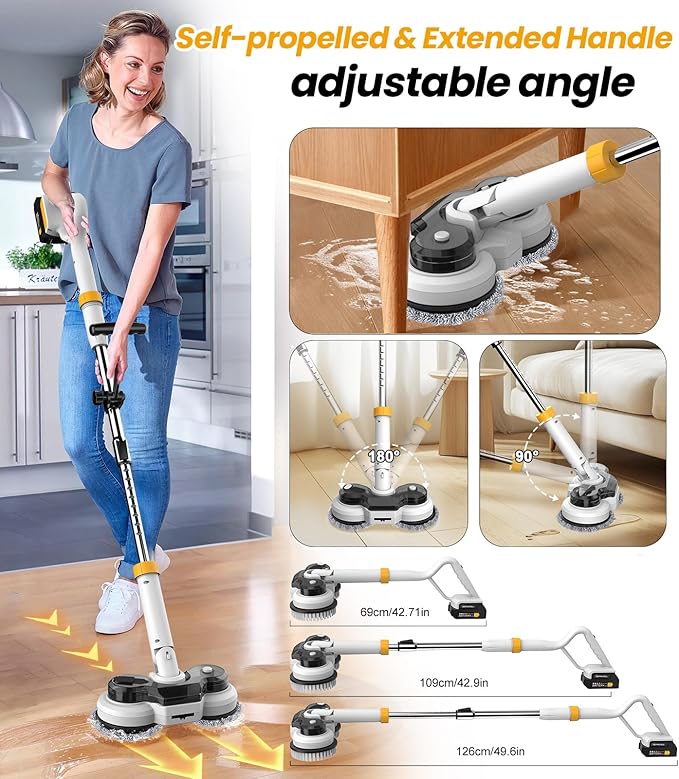 qimedo 800RPM Cordless Electric Mop, 6000mAh Battery Electric Power Scrubber & Mops for Floor Cleaning, Best Automatic Spin Mops with Smart Display,Rotating Mop with LED Light & Water Spray