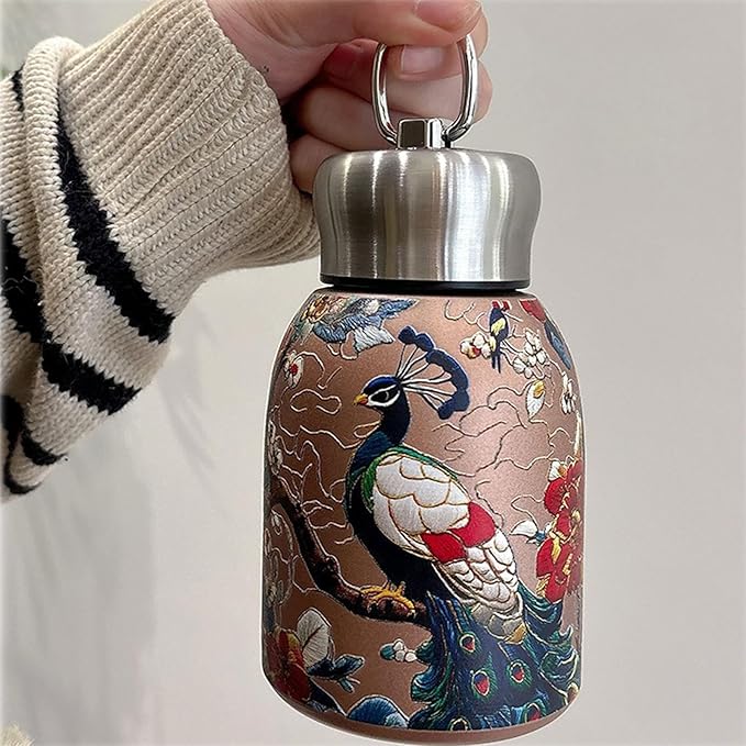 Mini Stainless Steel Thermal Bottle Small Vacuum Insulated Water Bottle, Portable Leakproof Sport Tumbler Cup Hot and Cold Travel Mug 10 oz (GoldPeacock)
