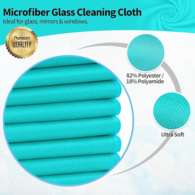 Microfiber Cleaning Cloth - 6 Pack Glasses Cleaning Cloth, 16" x 14" Window Cleaning Rags, Streak Free Lint Free Polishing Cloths Wipes for Eye Glass, Stainless Steel, Windshield, Turquoise