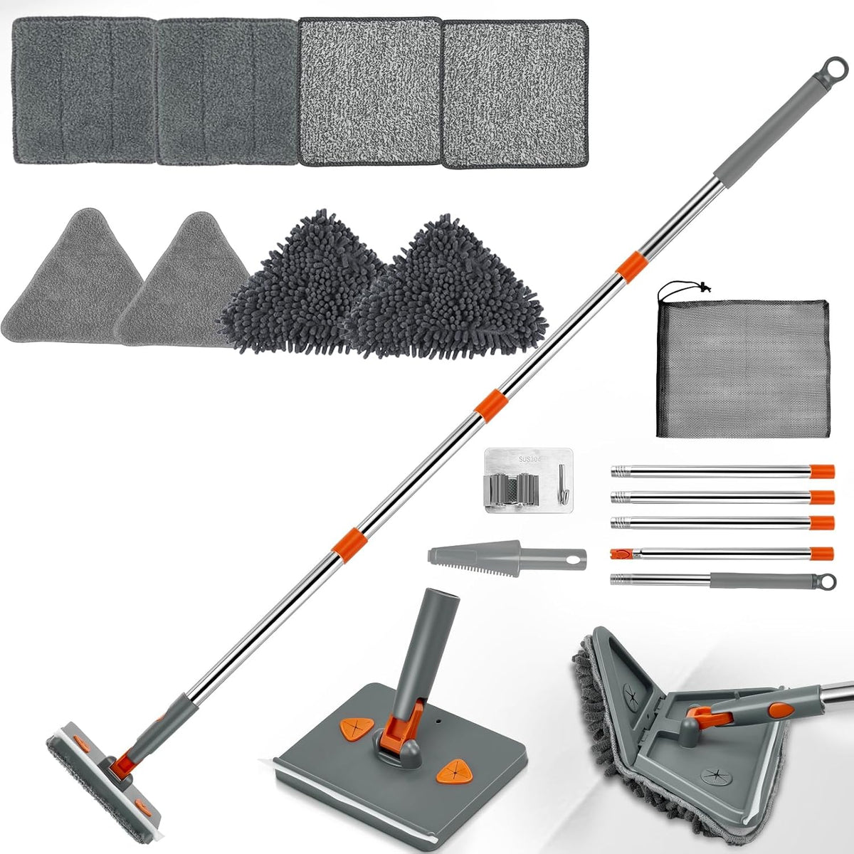 Baseboard Cleaner Tool, Foldable Wall Mop with Long Handle, 8 Pads
