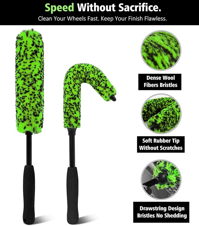 YeewayVeh 3PCS Quick Car Wheel Brush Kit, 2-Size 360° Bendale Rim Cleaner Brushes, Boars Hair Detailing Brush, Fast Scratch-Free Cleaning for Car Wheels, Motorcycle, Green