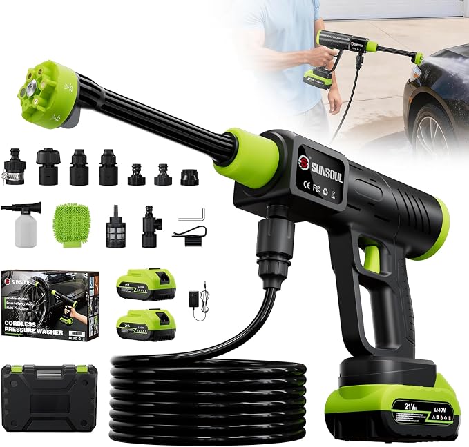 SUNSOUL Cordless Portable Car Washer with 2 Batteries, 30-Level Adjustable Handheld Washer with 6-in-1 Nozzle & Foam Can