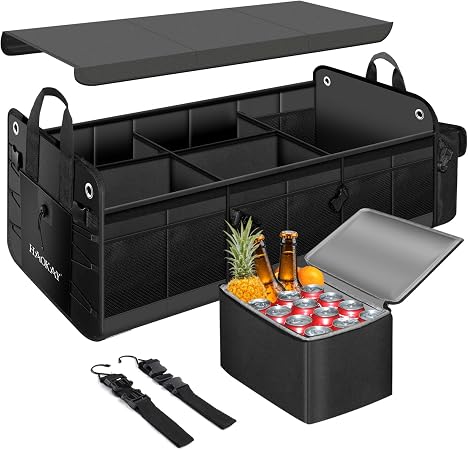HAOKAY Collapsible Trunk Organizer with Insulated Leakproof Cooler Bag,Removable Lid,Adjustable Securing Straps,3 Compar