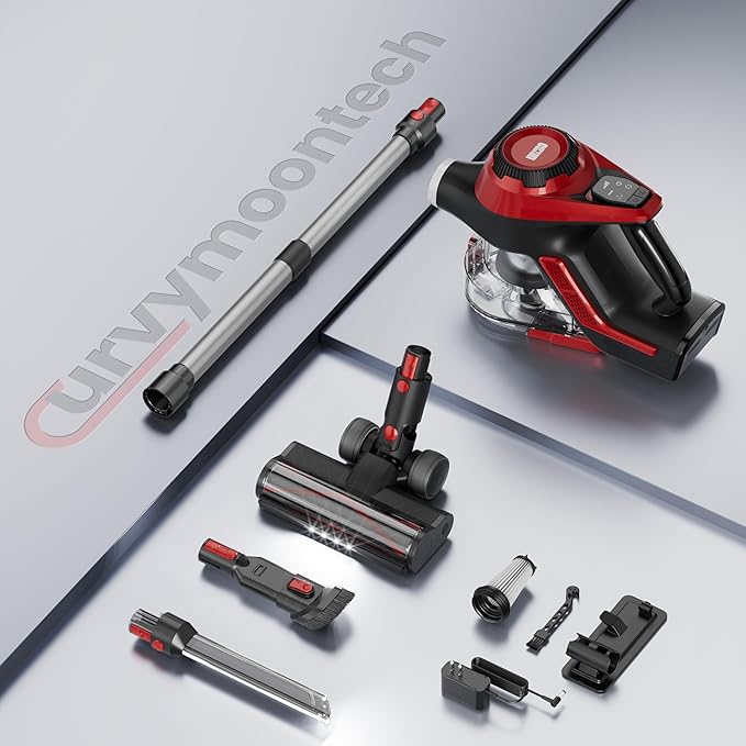 Cordless Vacuum Cleaner for Home, Stick Vacuum 45Kpa, Smart Display & 1.5L Dust Cup, MAX 40mins Runtime, Rechargeable Lightweight Handheld Vavuum for Pet Hair/Carpet/Hardwood Floor/Car (Crimson)