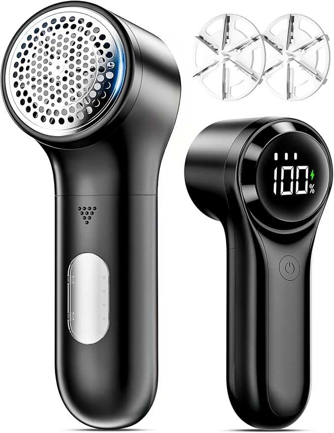 FrSara Fabric Shaver, Rechargeable Lint Remover, 3-Speed Electic Lint Shaver, 6-Blade Sweater Shavers to Remove Pilling, Battery Powered with LED Display for Furniture,Clothes, Upholstery, Black