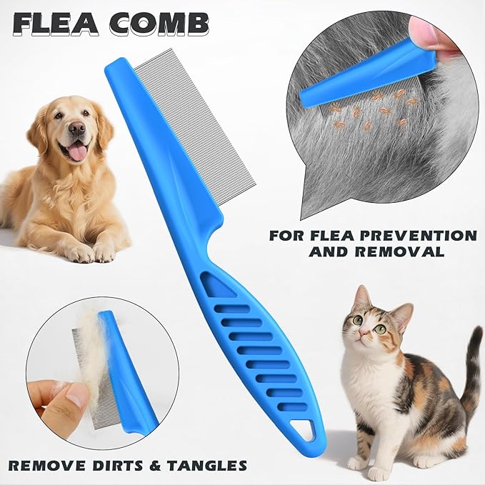 3PCS Pet Grooming Rake & Metal Comb & Flea Comb for Cats and Dogs, Double-Sided Dematting Tool, Extra-Wide Deshedding Dog Brush for Long Hair to Effectively Remove Tangles, Knots and Mats (Blue)