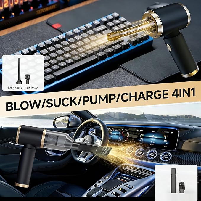Handheld Car Vacuum Portable Cordless, 4 in 1 Handheld Vacuum Cleaner 15000PA High Power Air Blower & Pump & Air Duster, Mini Hand Held Vacuum Rechargeable for Home, Car, Office