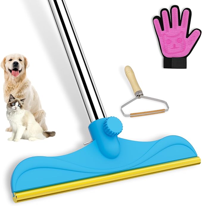 Eaersan 3 in 1 Carpet Rake Kit for Pet Hair Removal Tool - 45” Adjustable Long Handle Pet Hair Remover, Reusable Carpet Scraper Dog Cat Deep Hair Cleaner Remover Tool for Rugs, Mats, Couch, Furniture