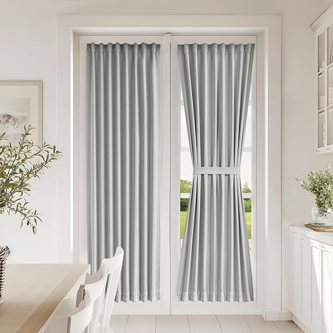Vatge Front Door Curtains for Glass Window - Self Adhesive French Door Curtain with Tieback for Patio Door, 1 Panel, W25 x L72, Silver Grey
