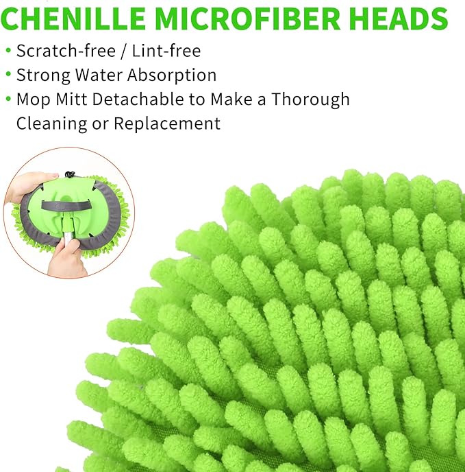 62'' Car Wash Brush with Long Handle Chenille Microfiber Car Wash Mop Mitt Kit Scratch-Free Car Cleaning Brush Care Kits with Replacement Head Supplies for Cars RV Truck Boat