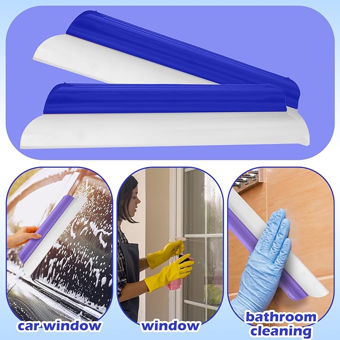 2 Pack 14 Inch Car Drying Squeegee Blue Longer Silicone Water Squeegee Window Shower Blade Automotive Squeegees Flexible Auto T-bar Rubber Squeegees for Car Windshield Glass Bathroom Wash Tool