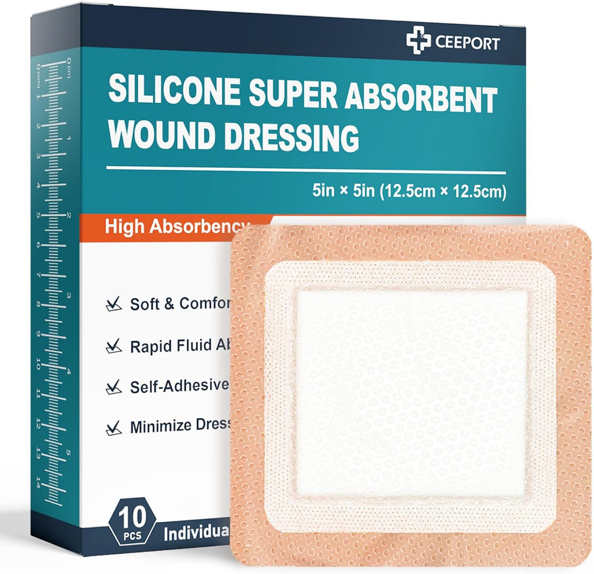 Silicone Super Absorbent Wound Dressing 5" x 5", 10 Individual Pack