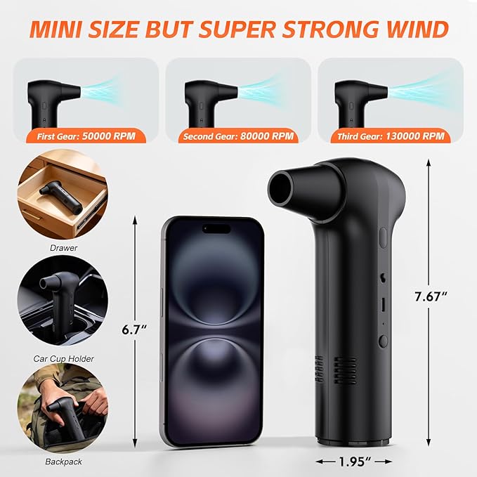Compressed Air Duster 130000RPM - Rechargeable Electric 2-in-1 Air Blower & Vacuum Cleaner, 3-Speed Brushless Motor, Fast Charging, 4 Nozzles for Computer Keyboard PC Car Electronics Cleaning