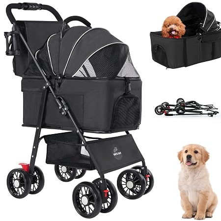 3 in 1 Pet Dog Stroller for Small Medium Dogs 10-50 lbs, Foldable Cat-Strollers for 2-Cats with Removable Carrier, Pet-S