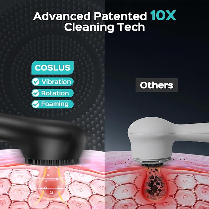 COSLUS FBS03 Face Scrubber Facial Cleansing Brush: 2 in 1 Spin and Vibration Patented, Silicone Electric Exfoliator Scrubber with Automatic Foaming, Waterproof Face Cleanser Brush for Men and Women