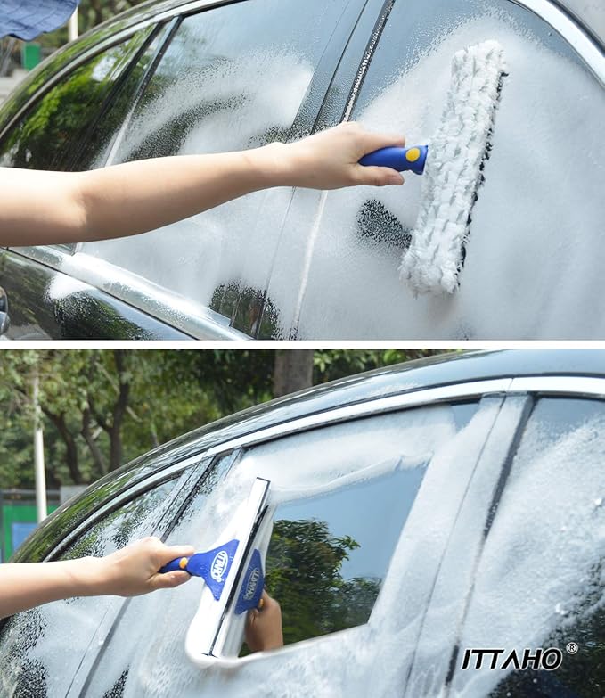 Window Squeegee with Extension Pole, Separate 12" Squeegee & 11" Microfiber Scrubber Heads, Window Cleaning Kit for Hard-to-Reach Windows, Shower Doors, Car Windshields, Indoor Outdoor-2 Pads