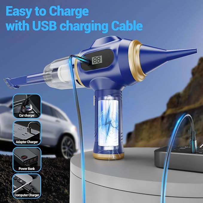 Car Vacuum Portable Cordless 17000Pa Mini Handheld Vacuums Blow and Suction with LCD Display and Multi-Nozzles, High Power for Car, Home, Office, Pet, Compact and Portable Design