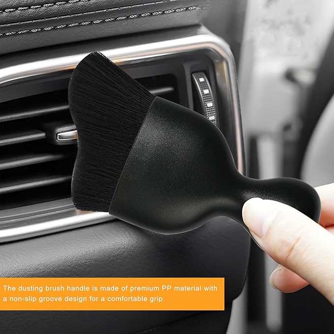 2 PCS Car Interior Detailing Brush, Curved Car Interior Cleaning Brush with Ultra Soft Bristles & Dust Cover, Scratch-Free Auto Dusting Brushes for Dashboard AC Vent Leather (Black)