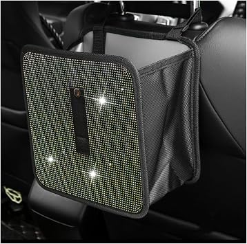 Car Trash Can, Bling Rhinestone Crystal Waterproof Hanging Garbage Bag for Car Interior, Oxford Leakproof Foldable Waste