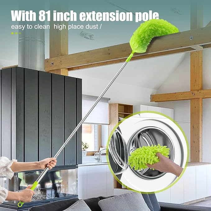 Microfiber Duster with Extension Pole 30 to 100'', Bendable Reusable Washable Feather Dusters for Cleaning High Ceiling Fan, Cobweb, Blinds, Keyboard, Furniture & Cars, Green Gift for Women (11 PCS)