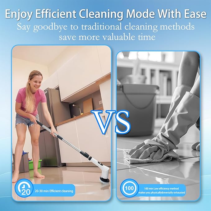 Spin Scrubber, 9-in-1 Multifunctional Electric Cleaning Brush with Detachable Handle, 9 Replaceable Brush Heads & LCD Display, Rechargeable for Bedroom, Bathroom, Kitchen, Car