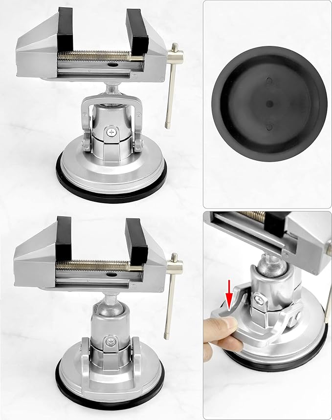 QWORK Portable Vacuum Base Vise with Multi-Angle Rotation - 3.15" Jaw Width Pivots Vise Portable Vacuum Base Vise, for Various Smooth Work Surfaces