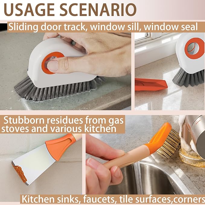 Groove Cleaning Brushes 2 in 1 Window Track Cleaner Cleaning Tools, Multifunction Hard Bristle Grout Crevice Cleaning Brush with Scraper for Kitchen Stove Sink, Sliding Door Track, Window Sill, 2PCS