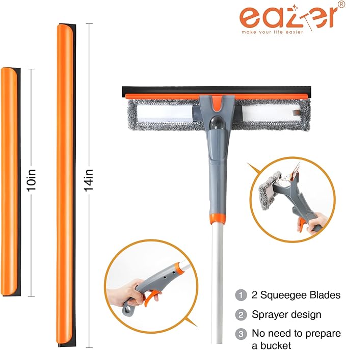 Eazer 3-in-1 Window Squeegee Cleaner, 76'' Spray Window Squeegee with 5-Section Extension Pole, Microfiber and Chenille Cloth, Window Washing Equipment for Indoor/Outdoor Windows, Car Glass