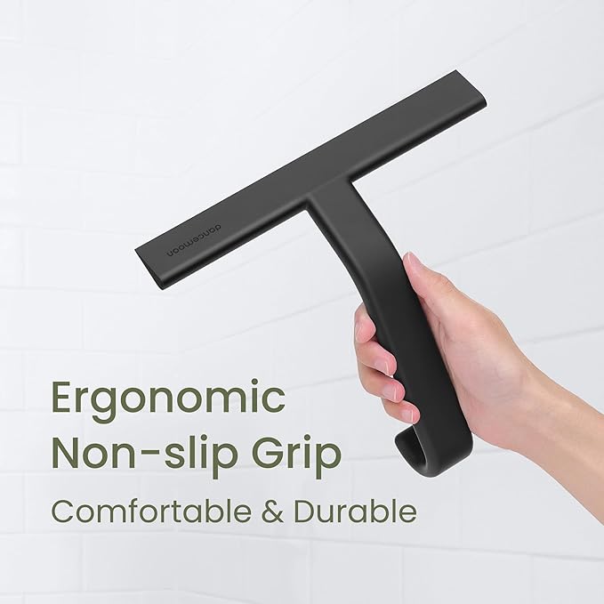dancemoon JustHang Shower Squeegee for Glass Doors, All-One-Piece Award-Winning Silicone Squeegee with Built-in Hook for Bathroom, Window, Mirror, Tile Wall,Car, Streak-Free Cleaner Tool,10-Inch Black