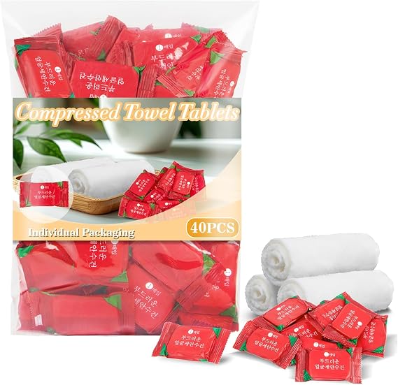 RAINFLOW 40PCS Compressed Towel Tablets - Disposable Face Towels for Travel