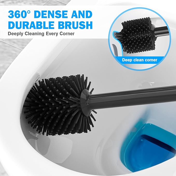 Toilet Plunger and Brush Set, Silicone Bowl Brush and Heavy Duty Toilet Plunger with Ventilated Holder, 2-in-1 Toilet Brush and Plunger Combo for 5.3-inch Toilet Drain Bathroom Deeply Cleaning (Black)