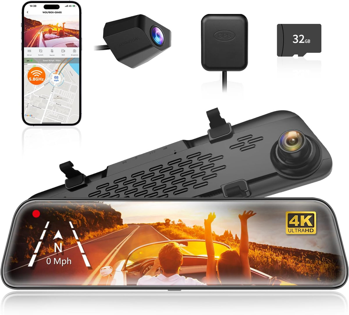 G840S 12" 4K Mirror Dash Cam Backup Camera with 32GB Card and GPS