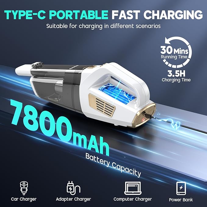 CKIKH Handheld Vacuum Cordless, 15000PA Strong Suction Hand Held Car Vacuum Cleaner Portable with Multi-Nozzles & Washable Filter, Lightweight Rechargeable Vacuum Cleaner for Home, Car, Office, Pets