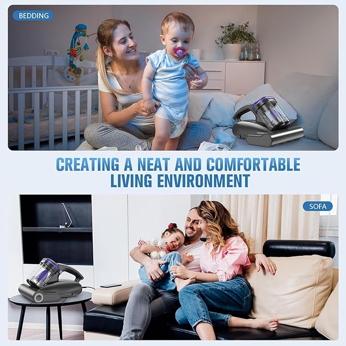 Bed Vacuum Cleaner Mattress Vacuum Cleaner,16Kpa Powerful Handheld Vacuums with UV-C Light & Double Dust Cup & High Heating & Ultrasonic & HEPA Filter for Bed Sofa(Corded,Black)