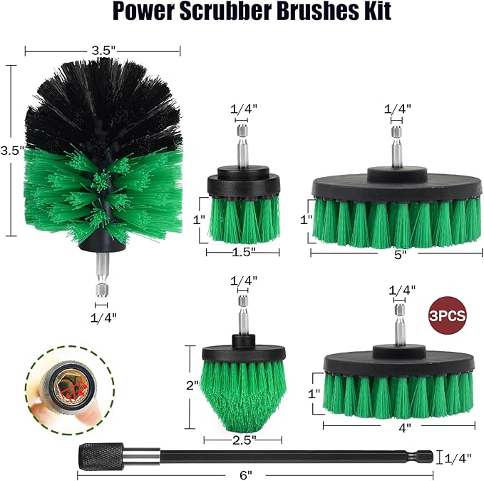8 Pack Drill Brush Attachment Set,1/4in Power Scrubber Brush + Extend Long Rod, Multi-Purpose Brush Drill Attachment, Power Cleaning Scrub Brush for Bathroom, Tub, Tile(Green)