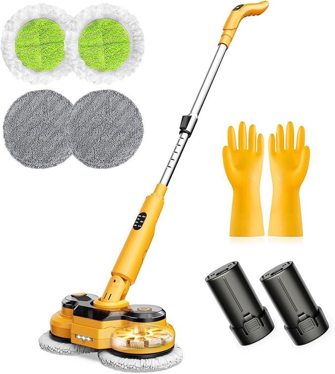 qimedo 5000mAh Electric Mop with Two Battery M2,800RPM Cordless Mops for Floor Cleaning,Best Automatic Spin Mops with Smart Display,Upright Rotating Power Mop with LED Light & Water Spray