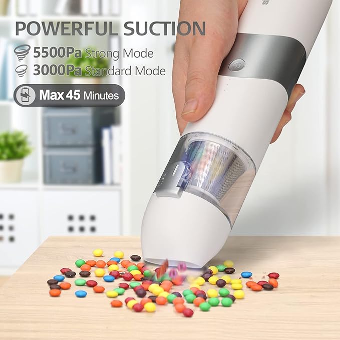 Cordless Handheld Vacuum Cleaner, 5500Pa 65W Powerful Suction, Mini Vacuum with Attachments, Rechargeable 2500mAH Li-ion Battery, for Home, Office and Car