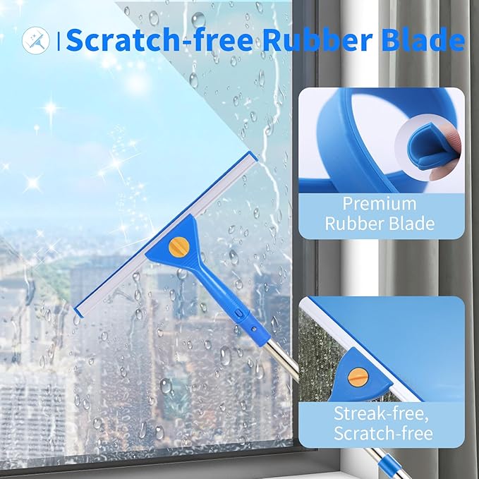 10Ft Window Cleaning Kit with Extension Pole, 14" Squeegee and 15" Scrubber with Long Handle, Window Cleaner Tool Washing Equipment for Outdoor High Windows Glass