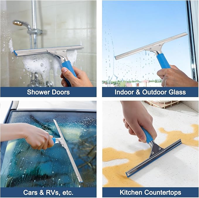 Professional Squeegee for Window Cleaning, 18” Window Squeegee for Shower Glass Door, Stainless Steel Rubber Squeegee Includes 12” Replacement Blades