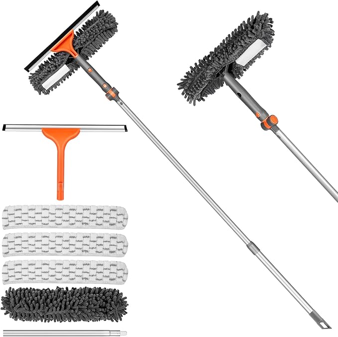 Chabatree Window Squeegee Cleaner Set 2-in-1 Window Cleaning Tool with Extendable Pole, Window Cleaning kit with Bendable Head for Indoor & Outdoor Glass for Car Indoor Outdoor High Windows