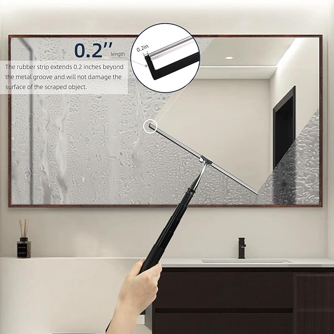 12-51’’ Telescopic Window Squeegee for High Windows, 2-in-1 Window Cleaning Kit with Extra Silicone Blade & Hook, Professional Squeegee for Shower Glass Doors (Window Squeegee for Home)