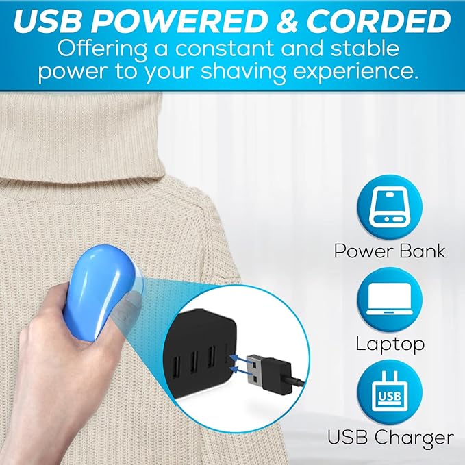 Fabric Shaver Lint Remover, AW union USB Powered Lint Shaver Efficiently Remove Lints from Fabrics, Clothes, Upholstery - 70" Cord - 2 Replacement Blade - Blue