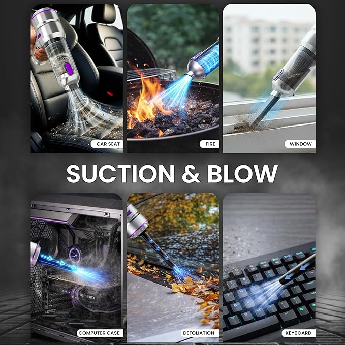 2026 Upgraded 4-in-1 Handheld Cordless Car Vacuum Cleaner, 16000PA High Power Air Blower & Mini Car Vacuum Cleaner with LED Light for Home, Office & Auto, 15000mAh long Battery & Type-C Fast Charging