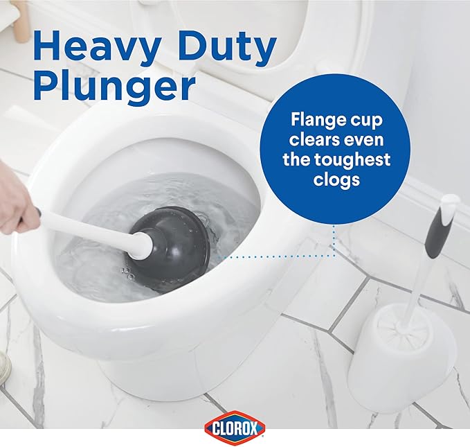 Clorox Toilet Plunger and Brush Bowl Set with Holder Caddy Storage for Cleaning Bathroom and Unclogging Toilets, White and Gray
