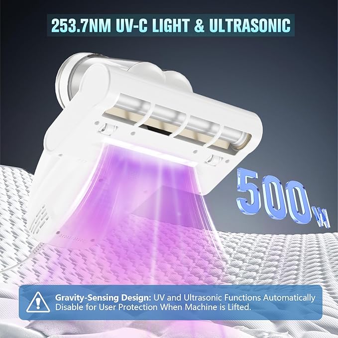 Bed Vacuum Cleaner Mattress Vacuum Cleaner,16Kpa Powerful Handheld Vacuums with UV-C Light & Double Dust Cup & High Heating & Ultrasonic & HEPA Filter for Bed Sofa(Corded,Cream White)