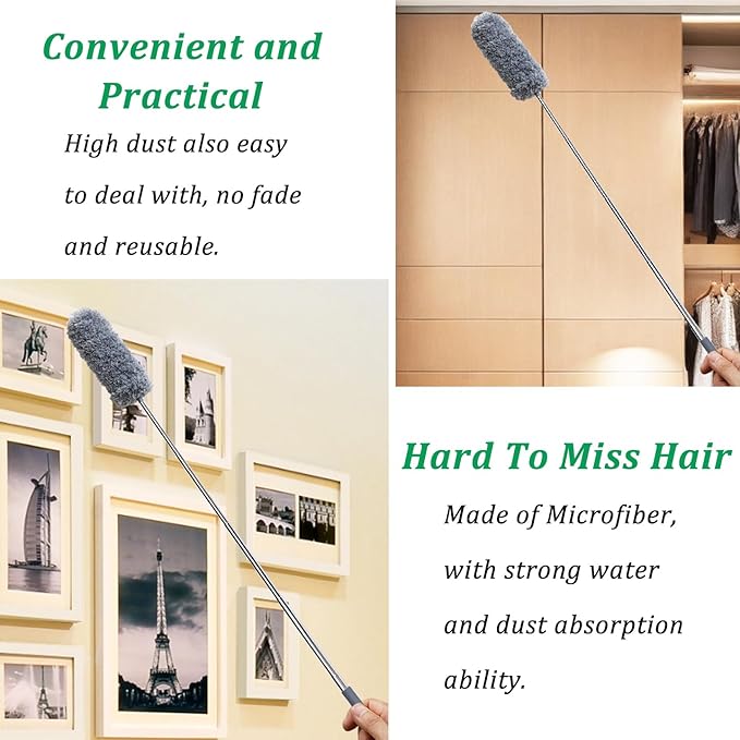 2 Pack Small Microfiber Feather Duster for Cleaning, Hand Washable Dusters with Extendable Pole, Cleaning Tools for Office, Car, Window, Furniture, Ceiling Fan