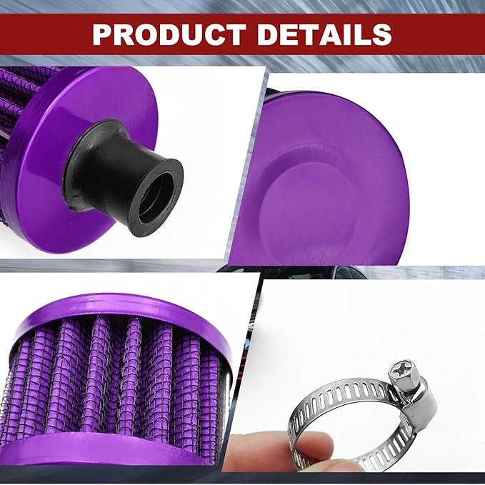 2 Pieces 12mm Universal Air Filter and Crankcase Breather Kit High Flow Cold Air Intake Filter, Turbo Vent Valve Cover Breather for Car Motorcycle Purple