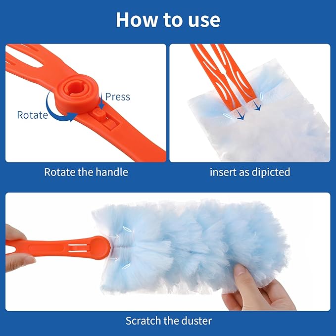 Qaestfy Dusters for Cleaning Dust 20 Count Refills 360 Fluffy Microfiber Hand Duster Kit with 14'' Rotatable Handle Unscented Cloths Pad for Multi-Surface Dusting (1 Handle + 20 Count)
