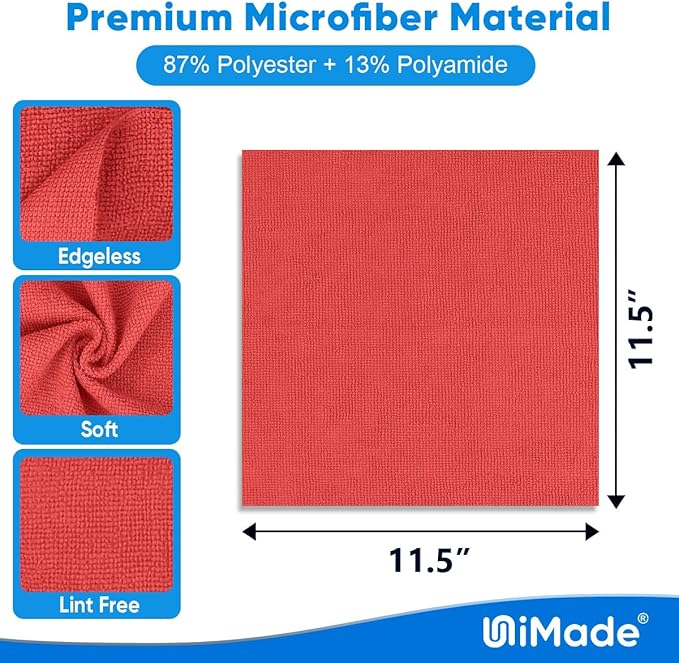 UNIMADE Shop Towels Rags, 50 Pack Reusable Shop Rags Bulk Microfiber Cleaning Cloth Lint Free Cleaning Towels for Car Kitchen Automotive Bar Mechanic Restaurant Garage, 11.5"x 11.5", Red