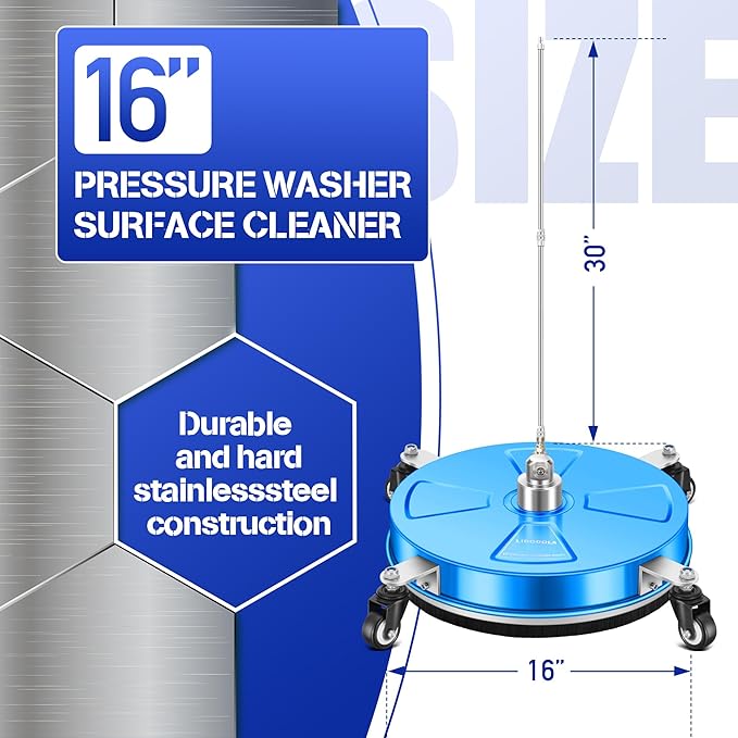 LidoDola 16'' Pressure Washer Surface Cleaner with 4 Wheels - Stainless Steel Surface Cleaner for Pressure Washer Attachment for Concrete, Driveway, Patio, Sidewalk, Deck and Driveways (16 INCH Blue)